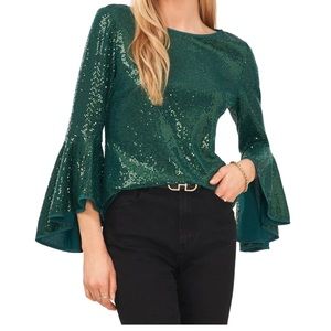 Vince Camuto green sequined top with bell sleeves